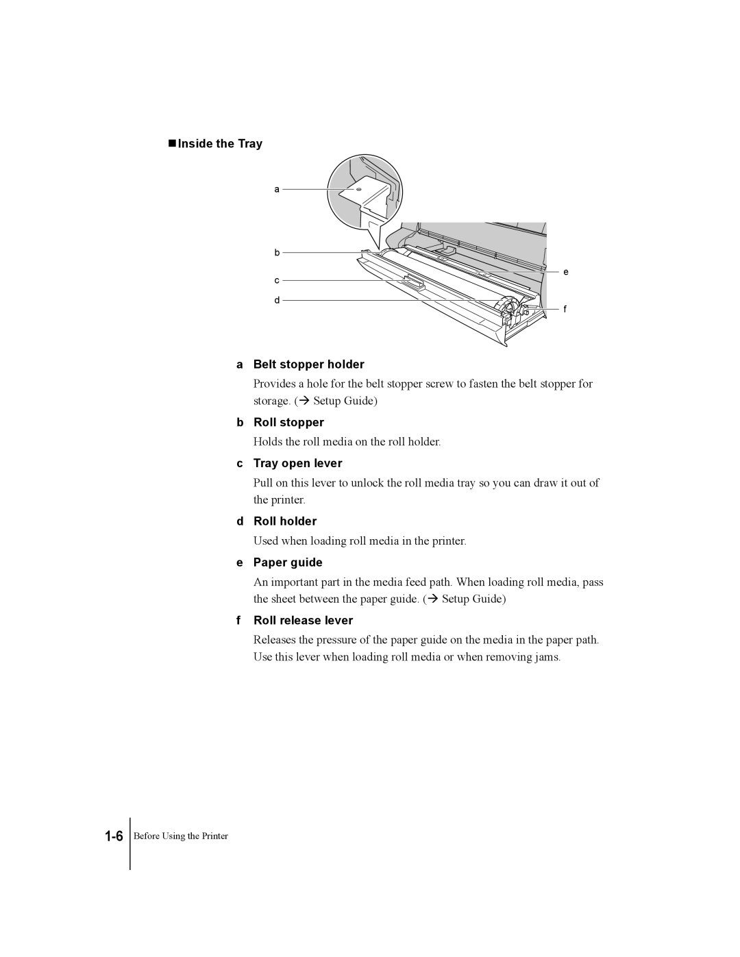 Canon W7200, W7250 manual Inside the Tray Belt stopper holder, Roll stopper, Tray open lever, Roll holder, Paper guide 