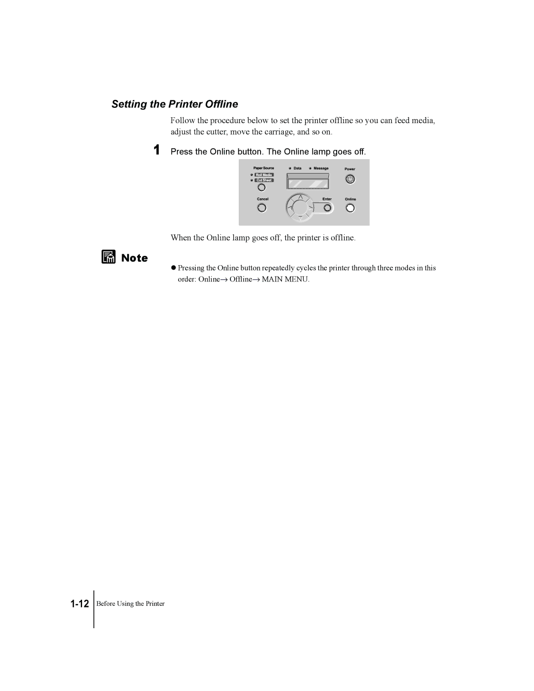 Canon W7200, W7250 manual Setting the Printer Offline, When the Online lamp goes off, the printer is offline 