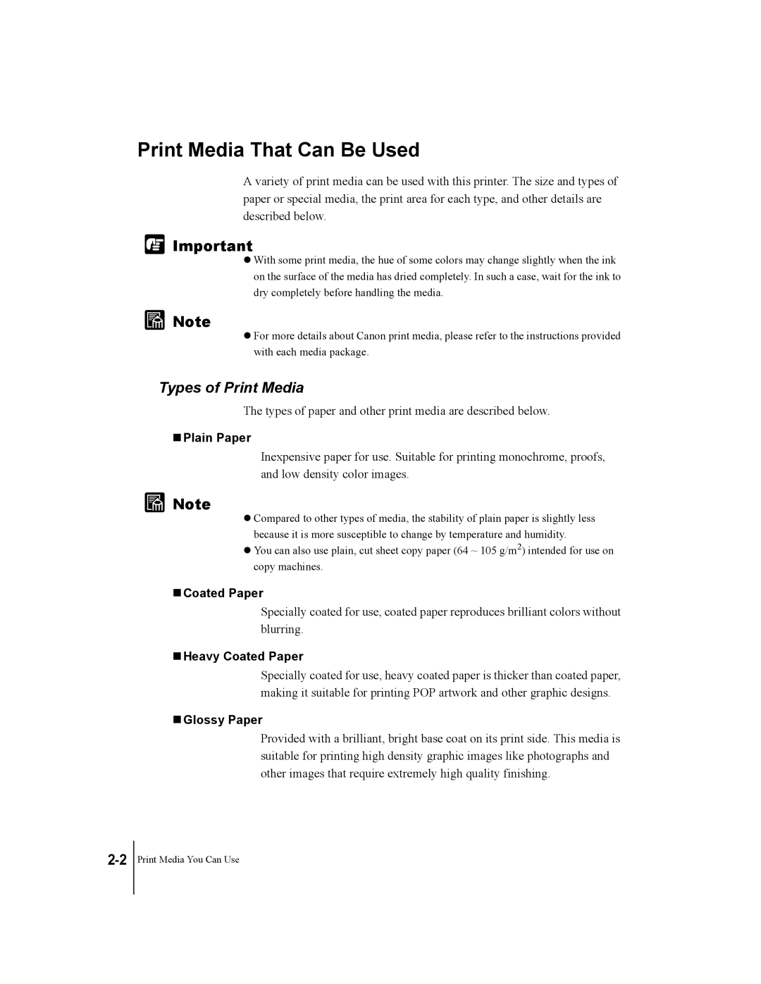 Canon W7200, W7250 manual Print Media That Can Be Used, Types of Print Media 