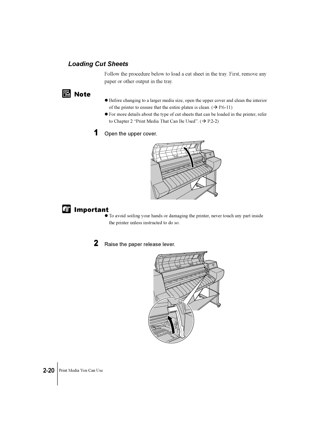 Canon W7200, W7250 manual Loading Cut Sheets, Open the upper cover, Raise the paper release lever 