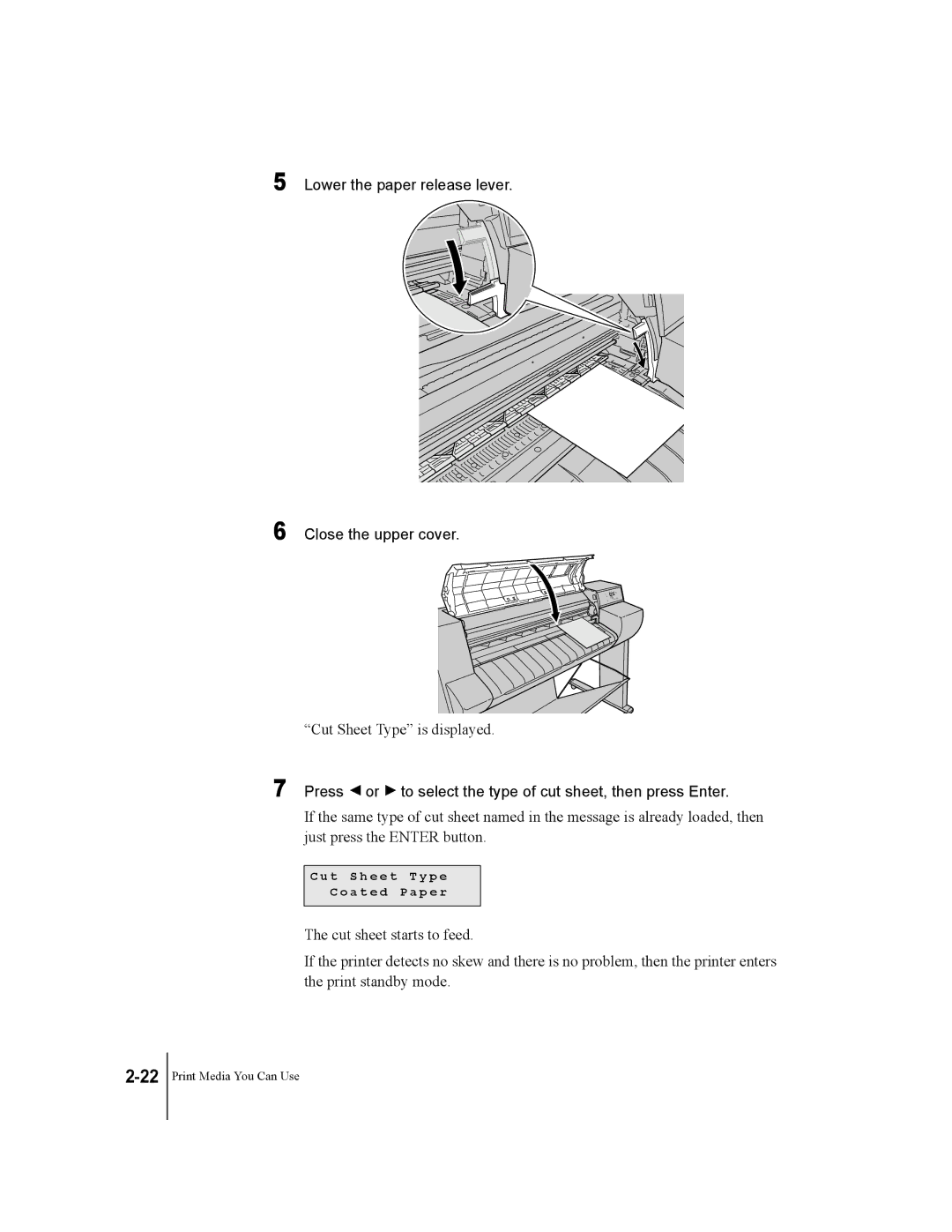 Canon W7200, W7250 manual Lower the paper release lever Close the upper cover 