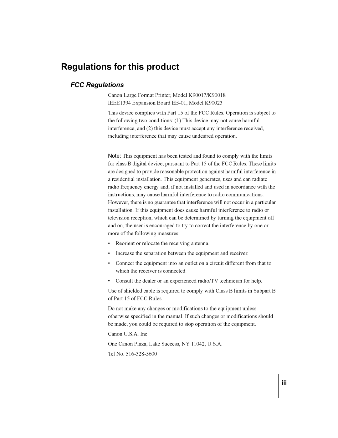 Canon W7250, W7200 manual Regulations for this product, FCC Regulations 