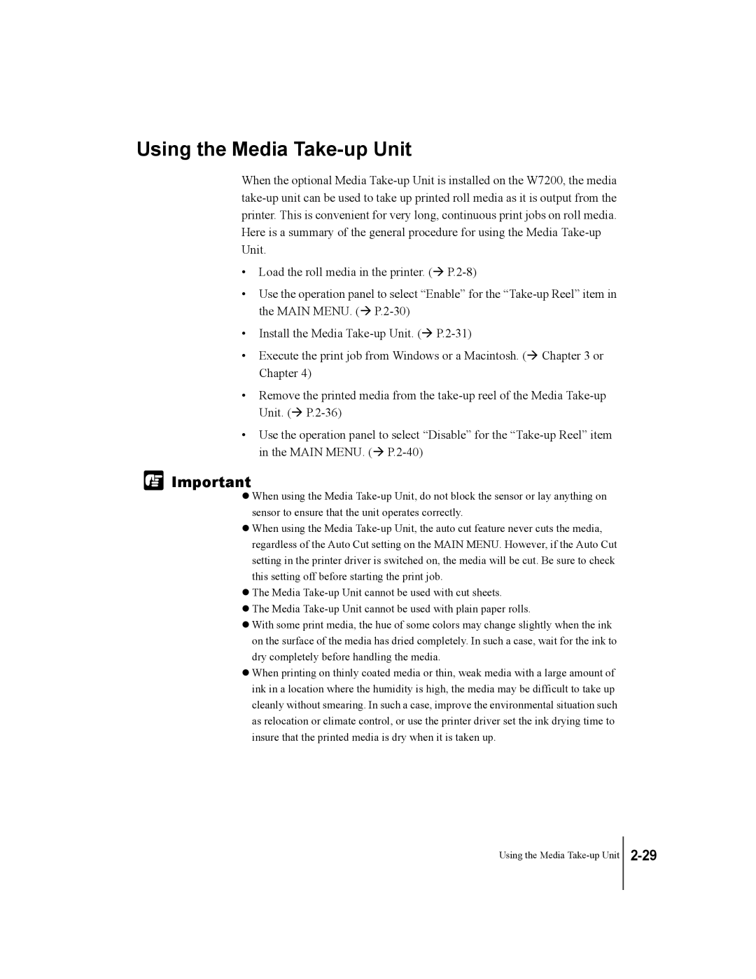 Canon W7250, W7200 manual Using the Media Take-up Unit 