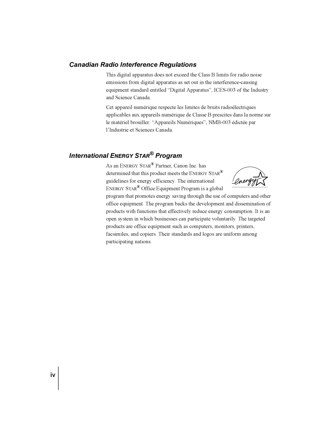 Canon W7200, W7250 manual Canadian Radio Interference Regulations, International Energy Star Program 