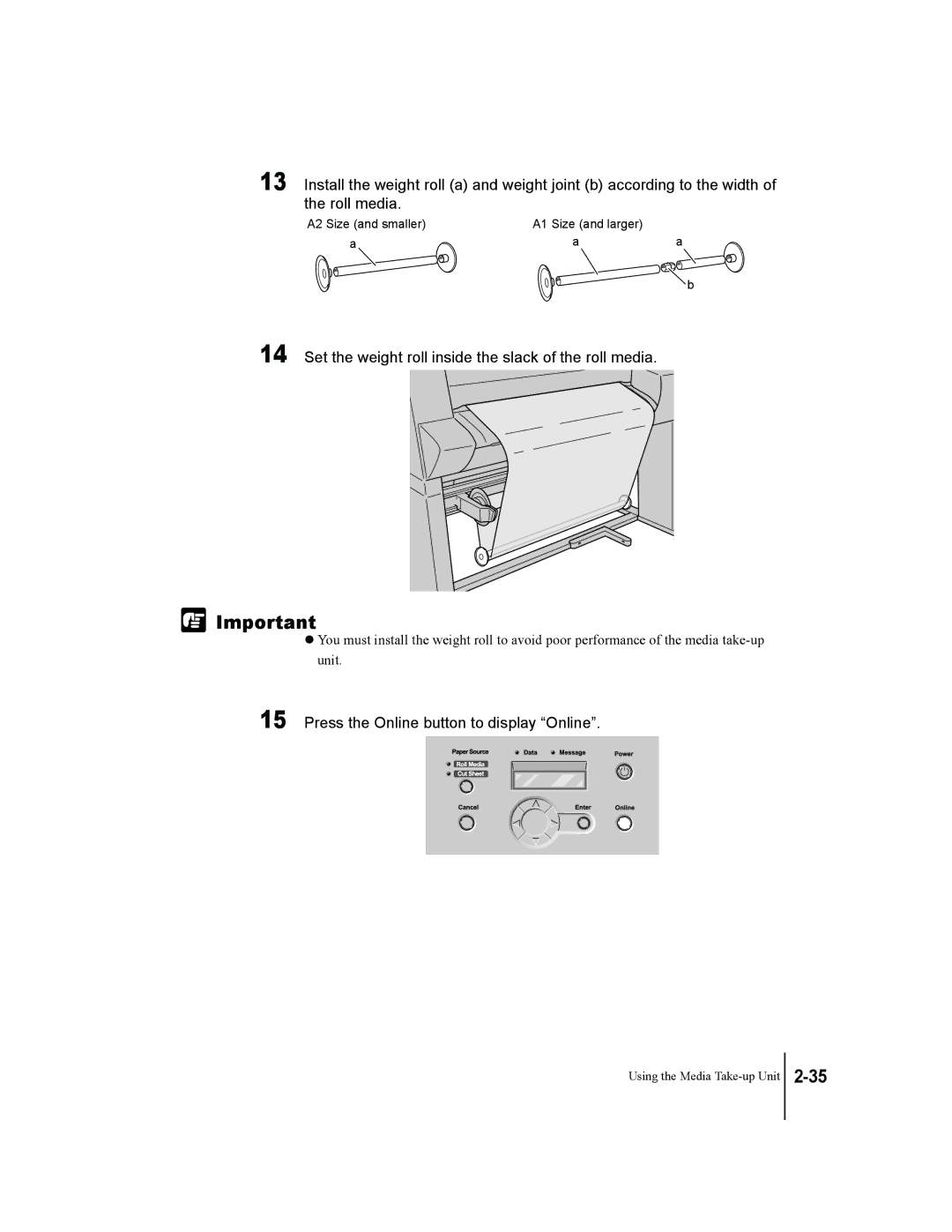 Canon W7250, W7200 manual Set the weight roll inside the slack of the roll media, Press the Online button to display Online 