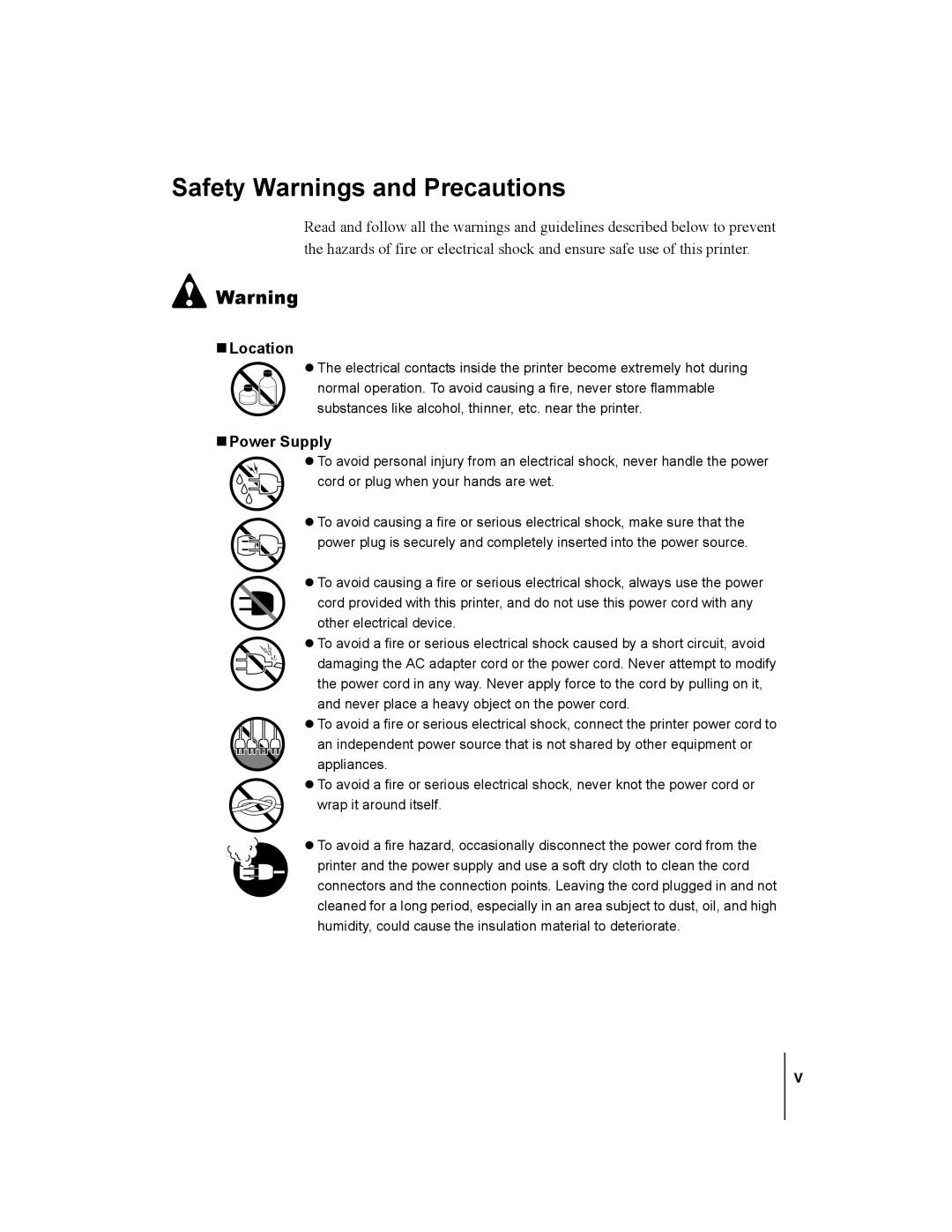 Canon W7250, W7200 manual Safety Warnings and Precautions, Location, Power Supply 