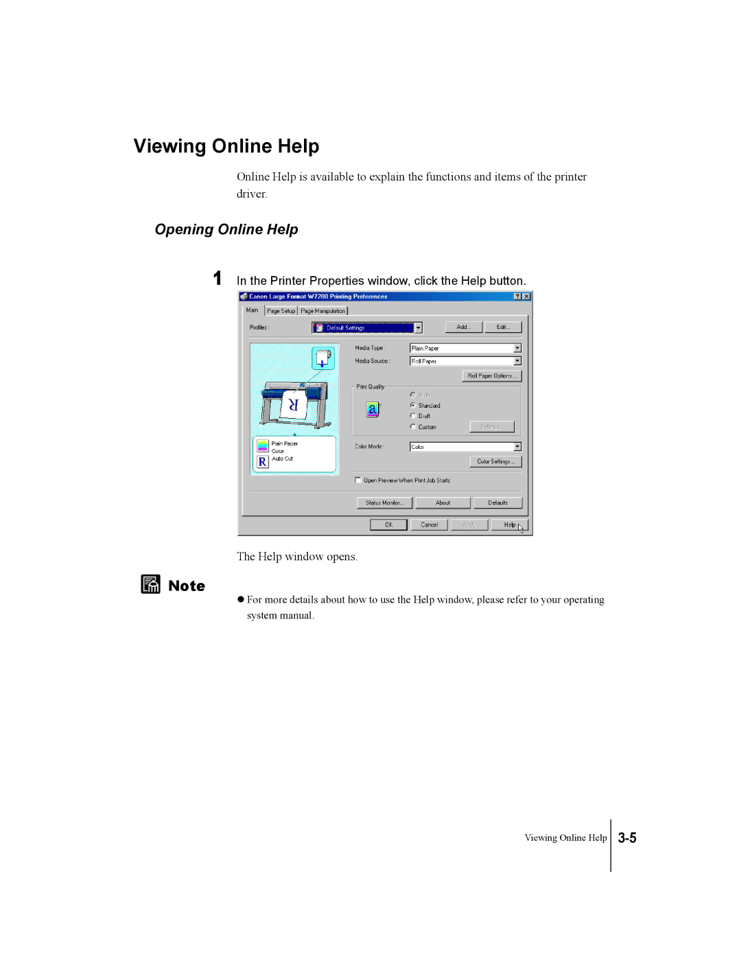 Canon W7250, W7200 manual Viewing Online Help, Opening Online Help, Printer Properties window, click the Help button 