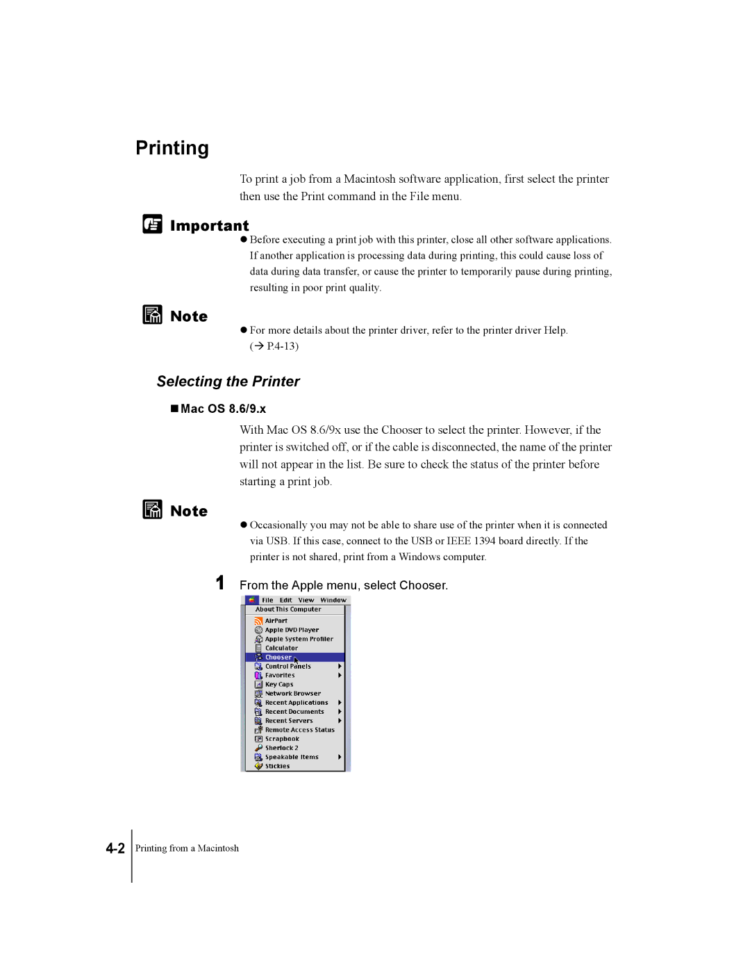 Canon W7200, W7250 manual Selecting the Printer, Mac OS 8.6/9.x, From the Apple menu, select Chooser 