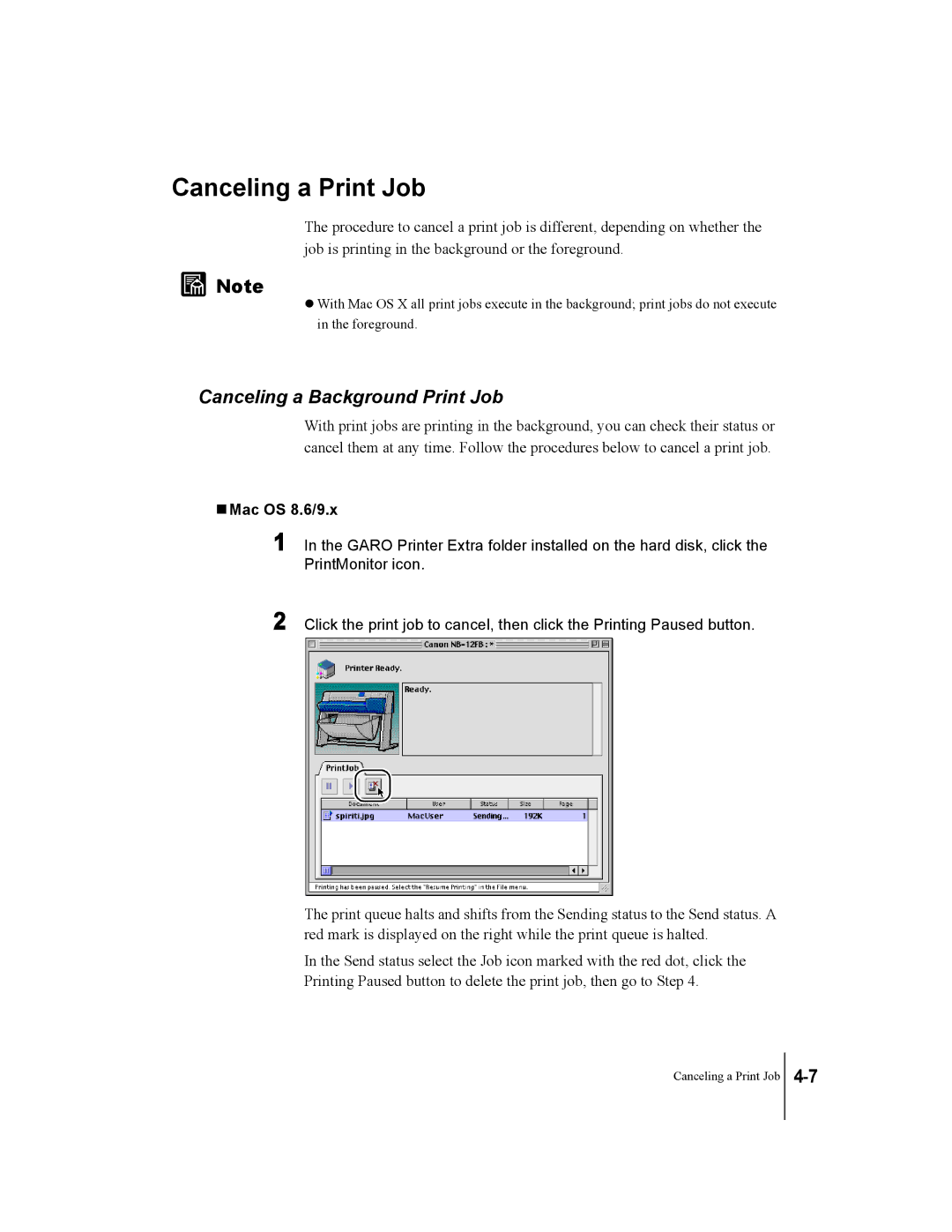 Canon W7250, W7200 manual Canceling a Print Job, Canceling a Background Print Job 