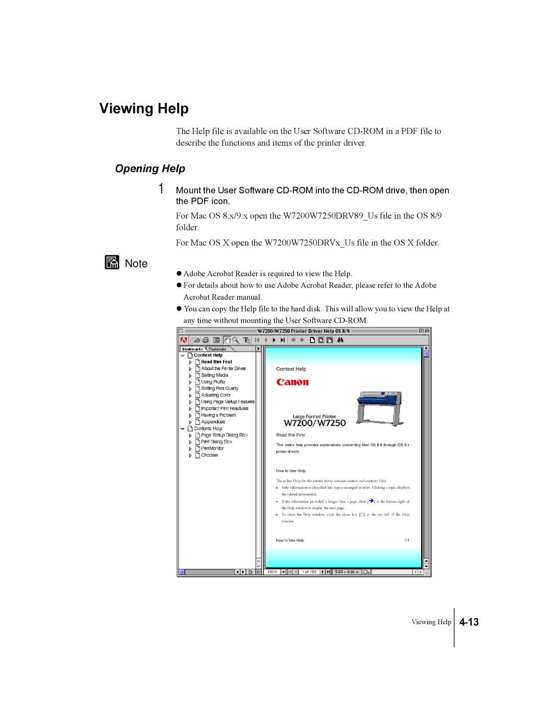 Canon W7250, W7200 manual Viewing Help, Opening Help 