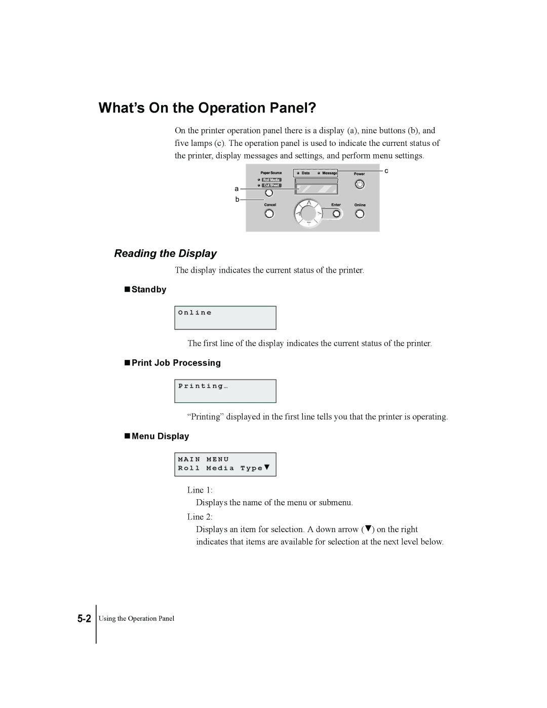 Canon W7200, W7250 manual What’s On the Operation Panel?, Reading the Display, Standby, Print Job Processing, Menu Display 