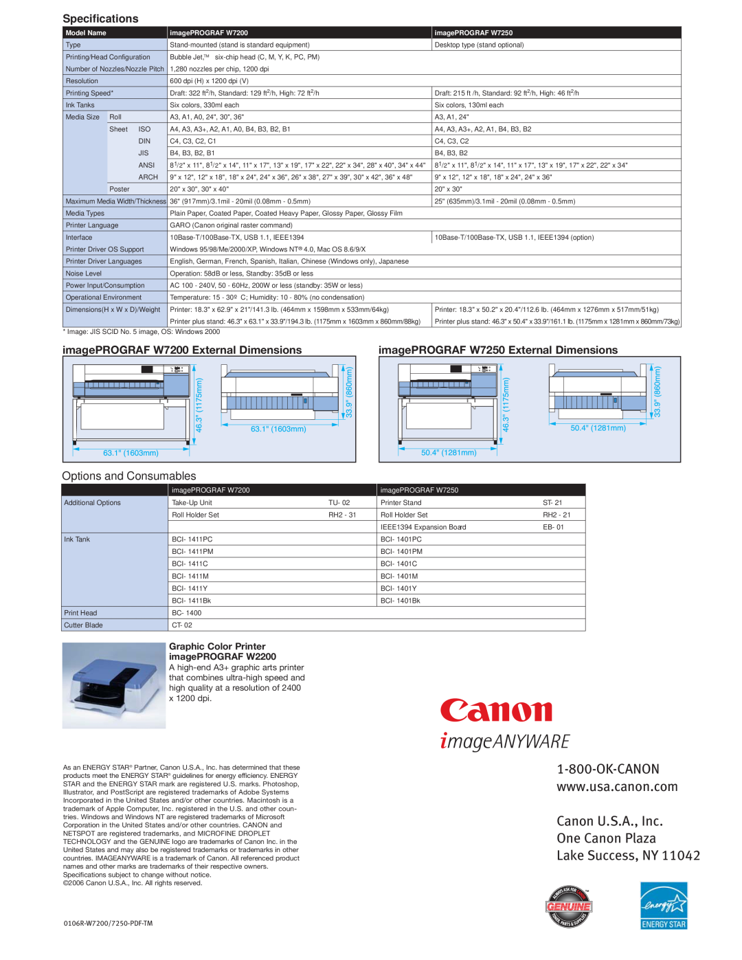 Canon W7200 manual Canon U.S.A., Inc One Canon Plaza Lake Success, NY, Options and Consumables, Specifications, Model Name 