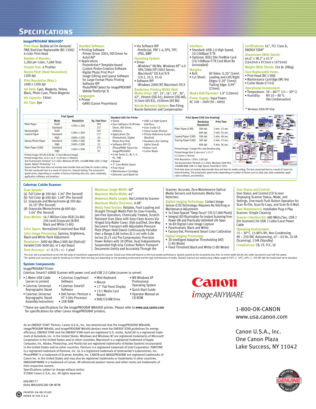 Canon W8400 manual Specifications, Ink Capacity 330ml Ink Type Dye Bundled Software 