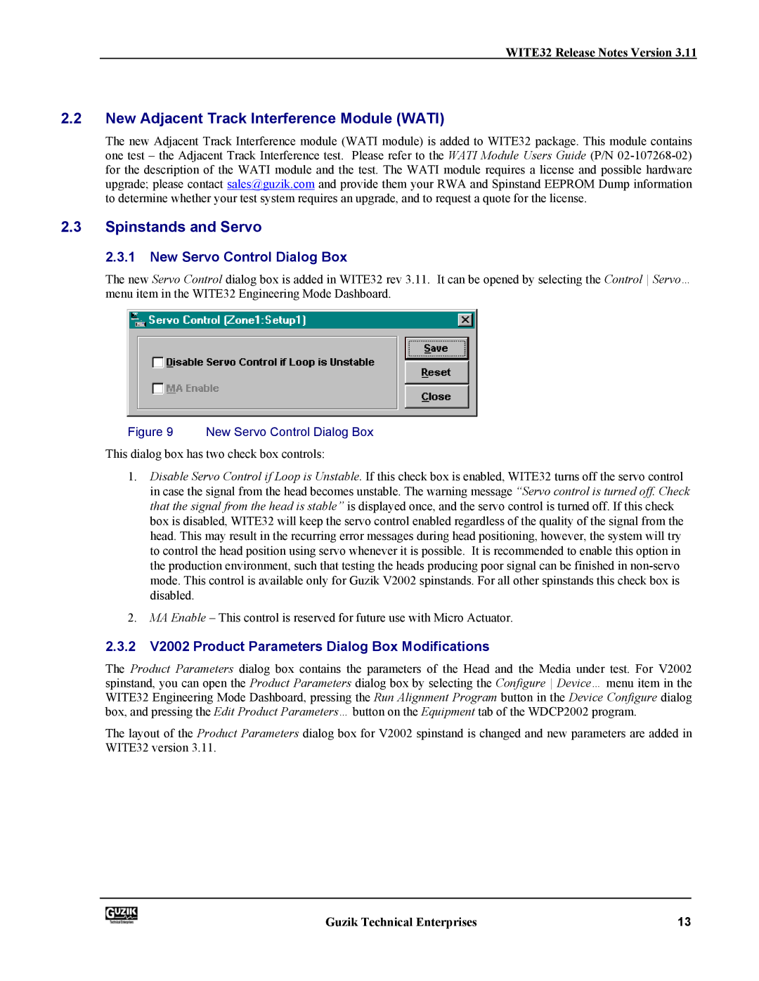 Canon WITE32 manual New Servo Control Dialog Box, 2 V2002 Product Parameters Dialog Box Modifications 