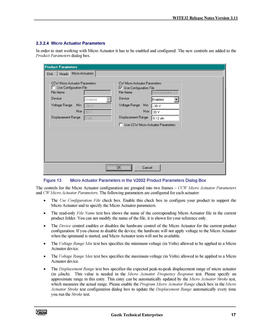 Canon WITE32 manual Micro Actuator Parameters 