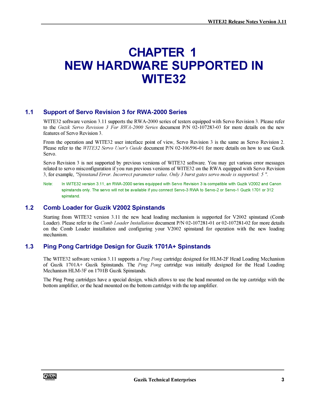 Canon manual Chapter NEW Hardware Supported WITE32, Support of Servo Revision 3 for RWA-2000 Series 