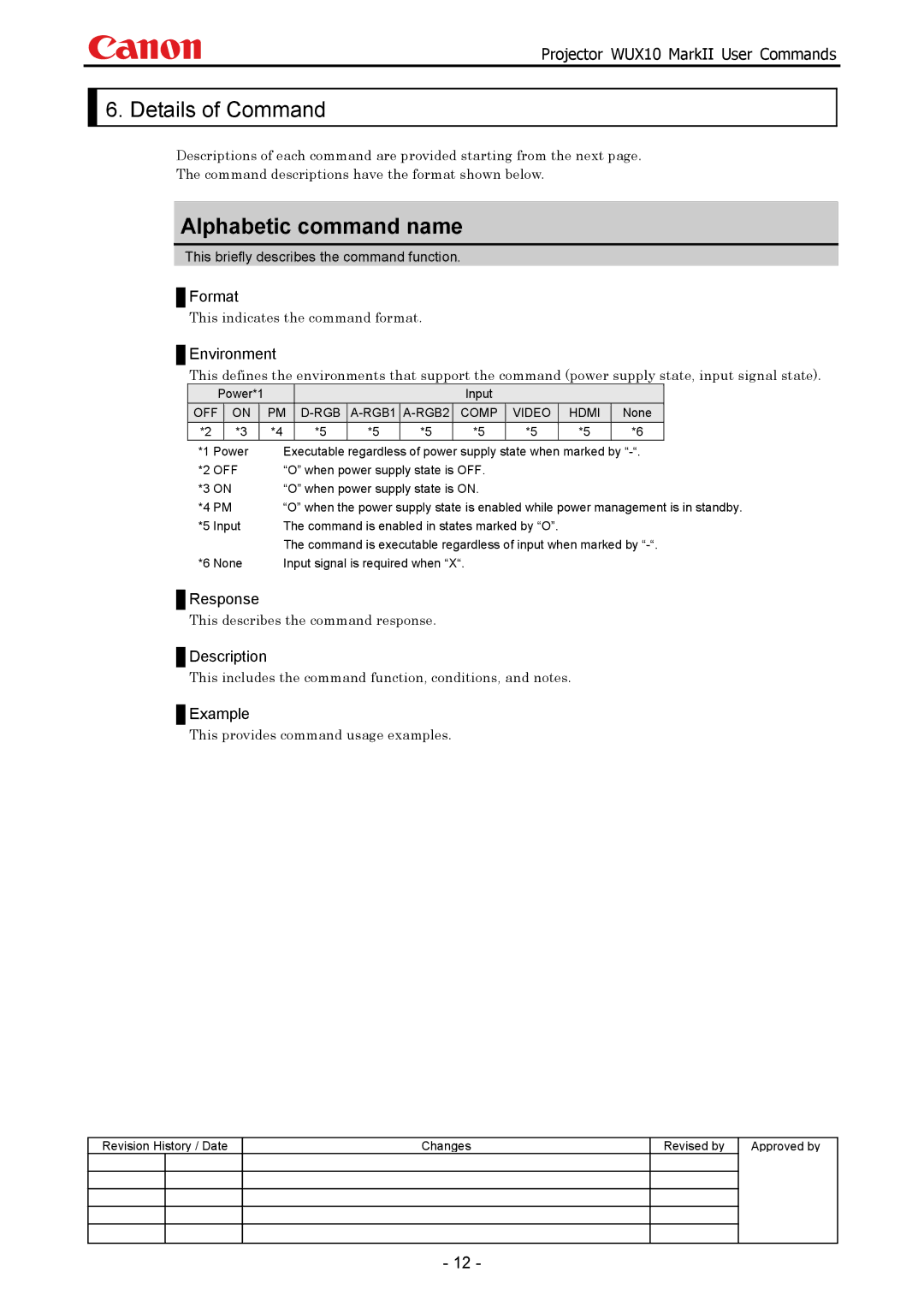 Canon WUX10 manual Details of Command, This indicates the command format, This describes the command response 