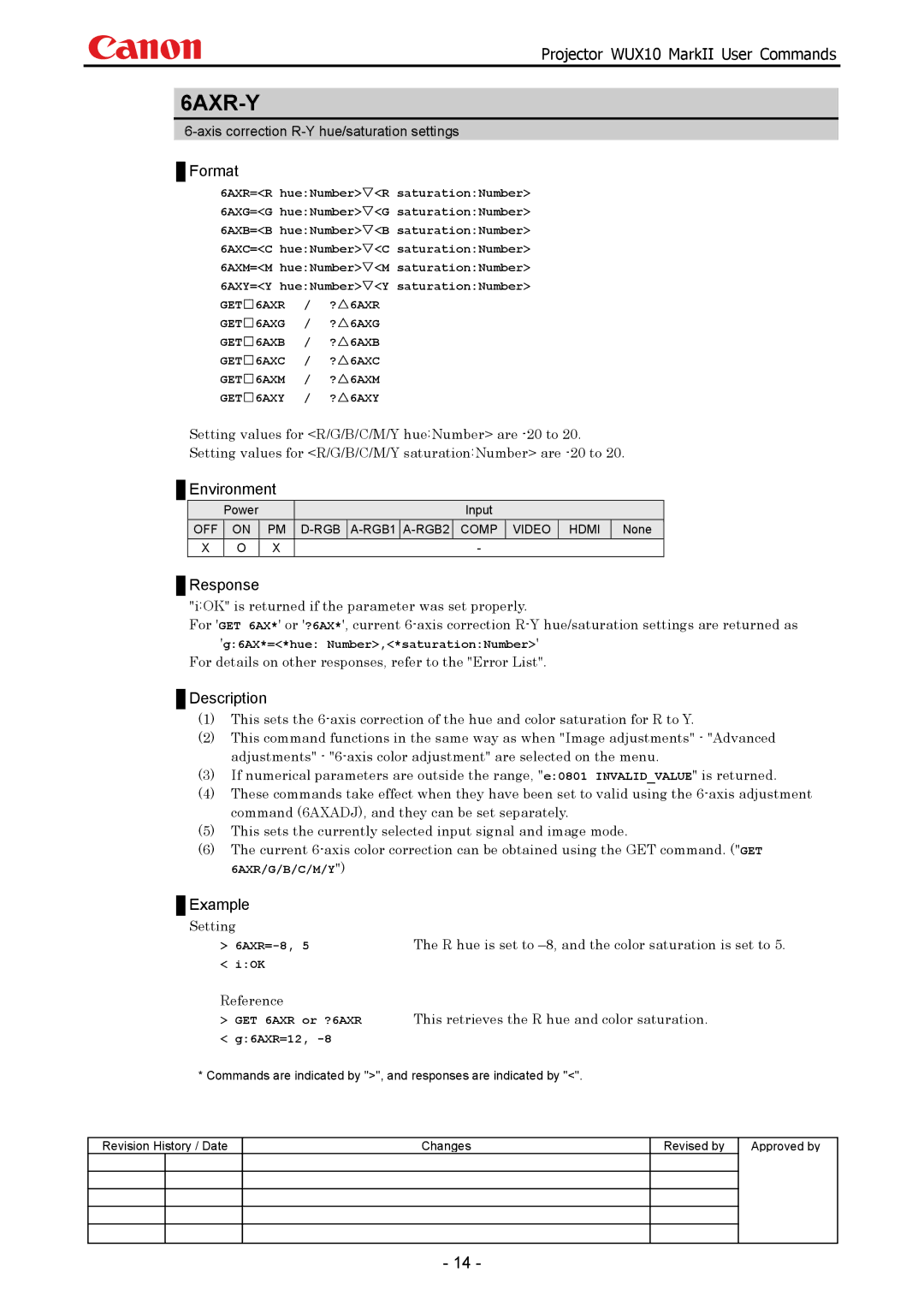 Canon WUX10 manual 6AXR-Y, IOK is returned if the parameter was set properly, Setting 