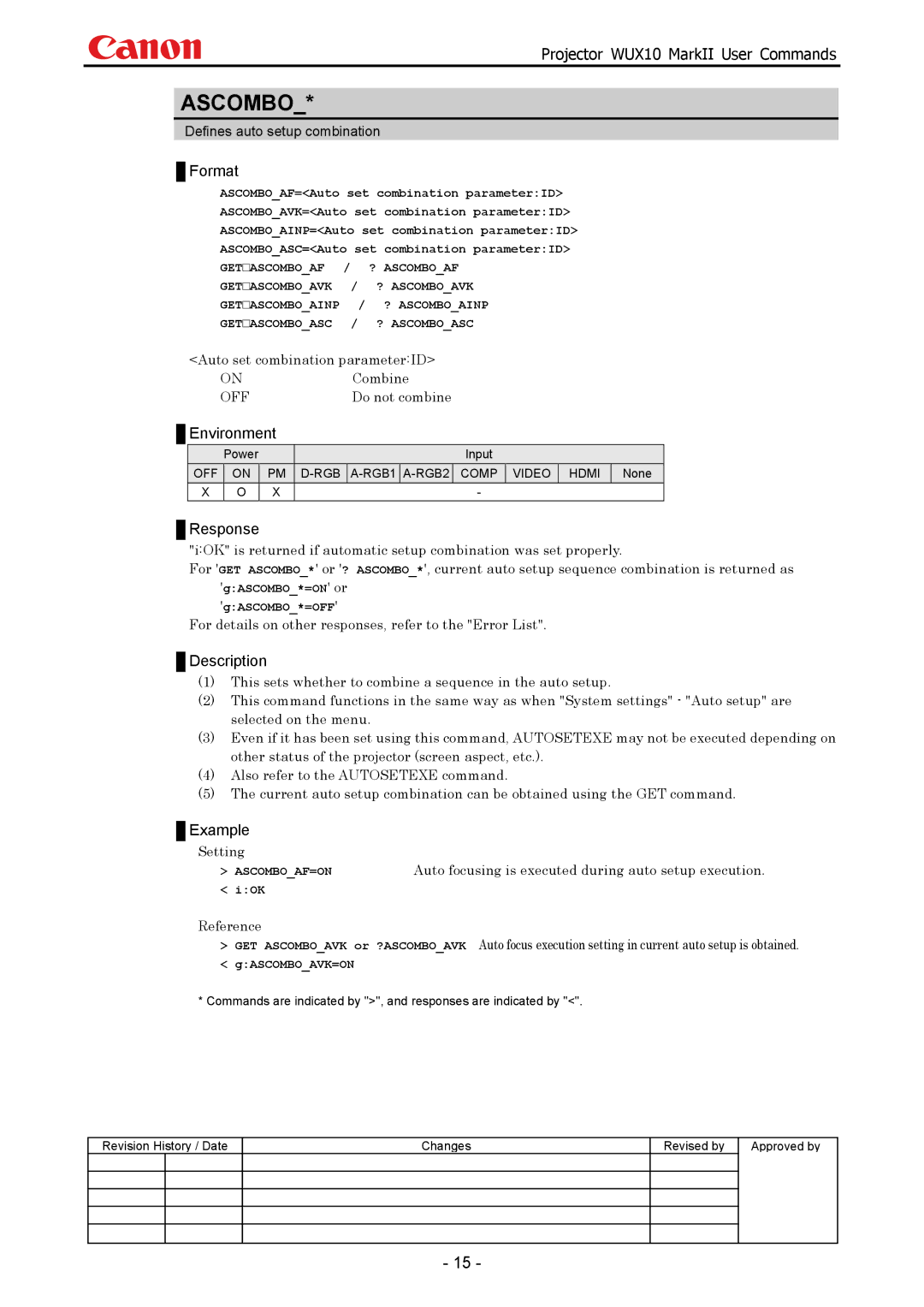 Canon WUX10 manual Ascombo, Auto set combination parameterID Combine, Do not combine, Gascomboavk=On 