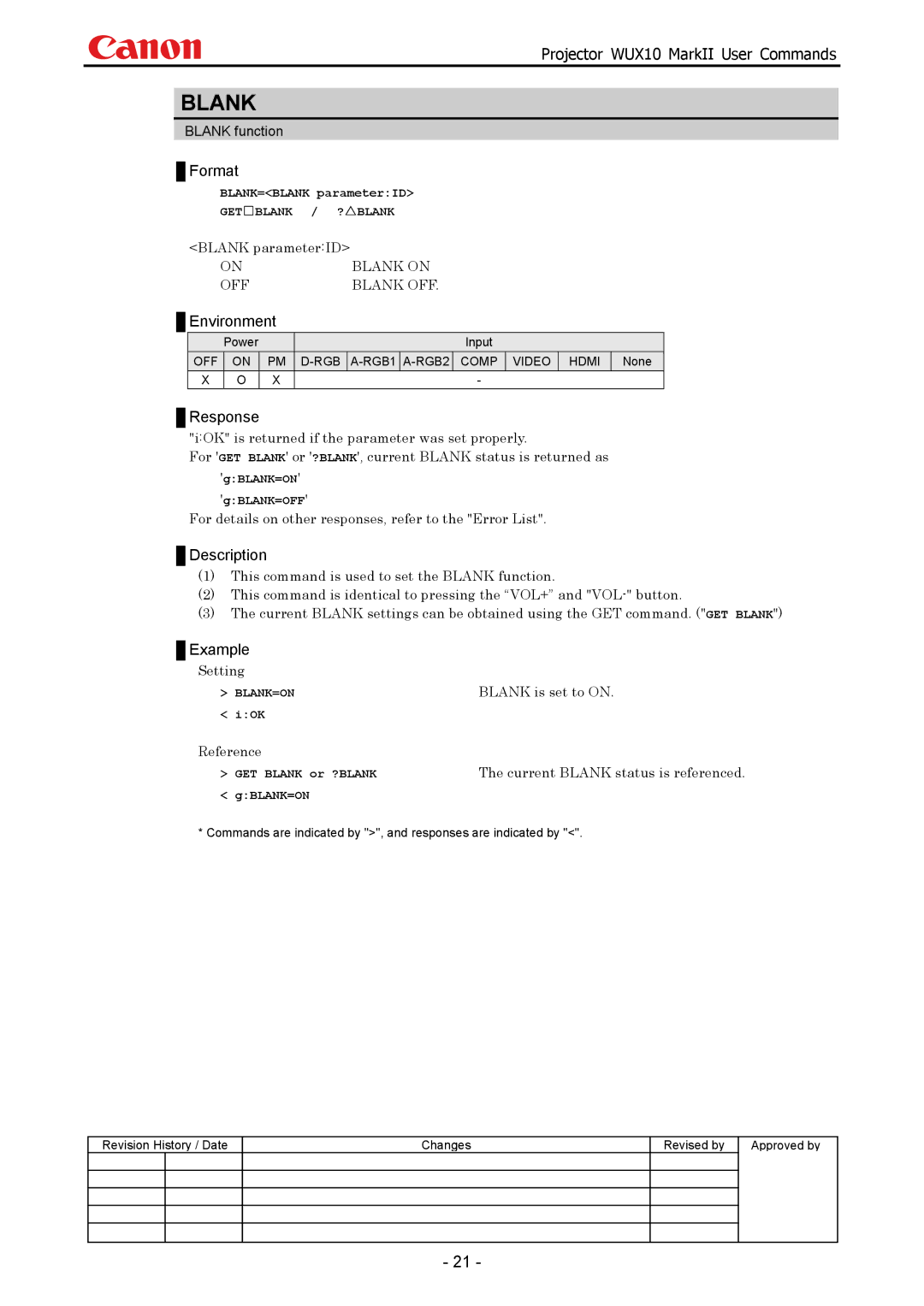 Canon WUX10 manual Blank parameterID, Blank is set to on, Reference, Current Blank status is referenced 