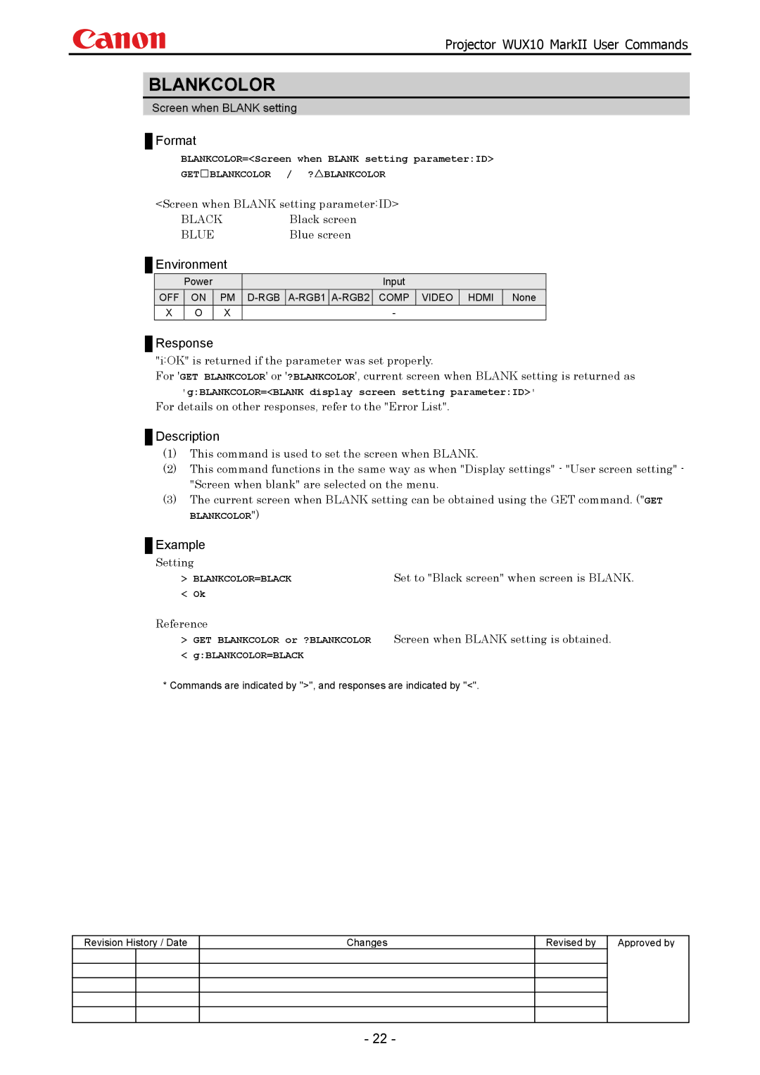 Canon WUX10 manual Blankcolor, Screen when Blank setting parameterID, Black screen, Blue screen 