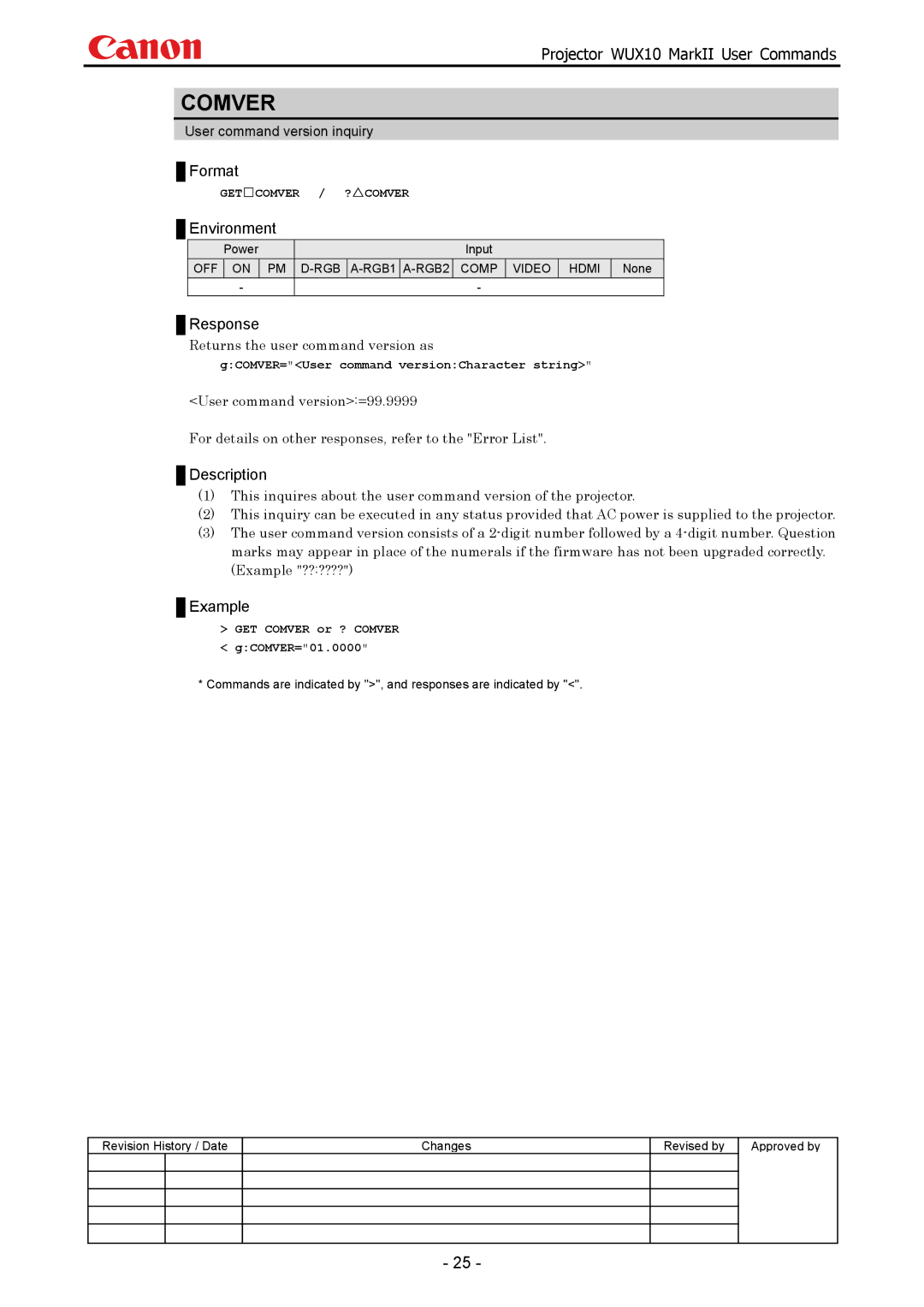 Canon WUX10 manual Comver, Returns the user command version as, GCOMVER=User command versionCharacter string 