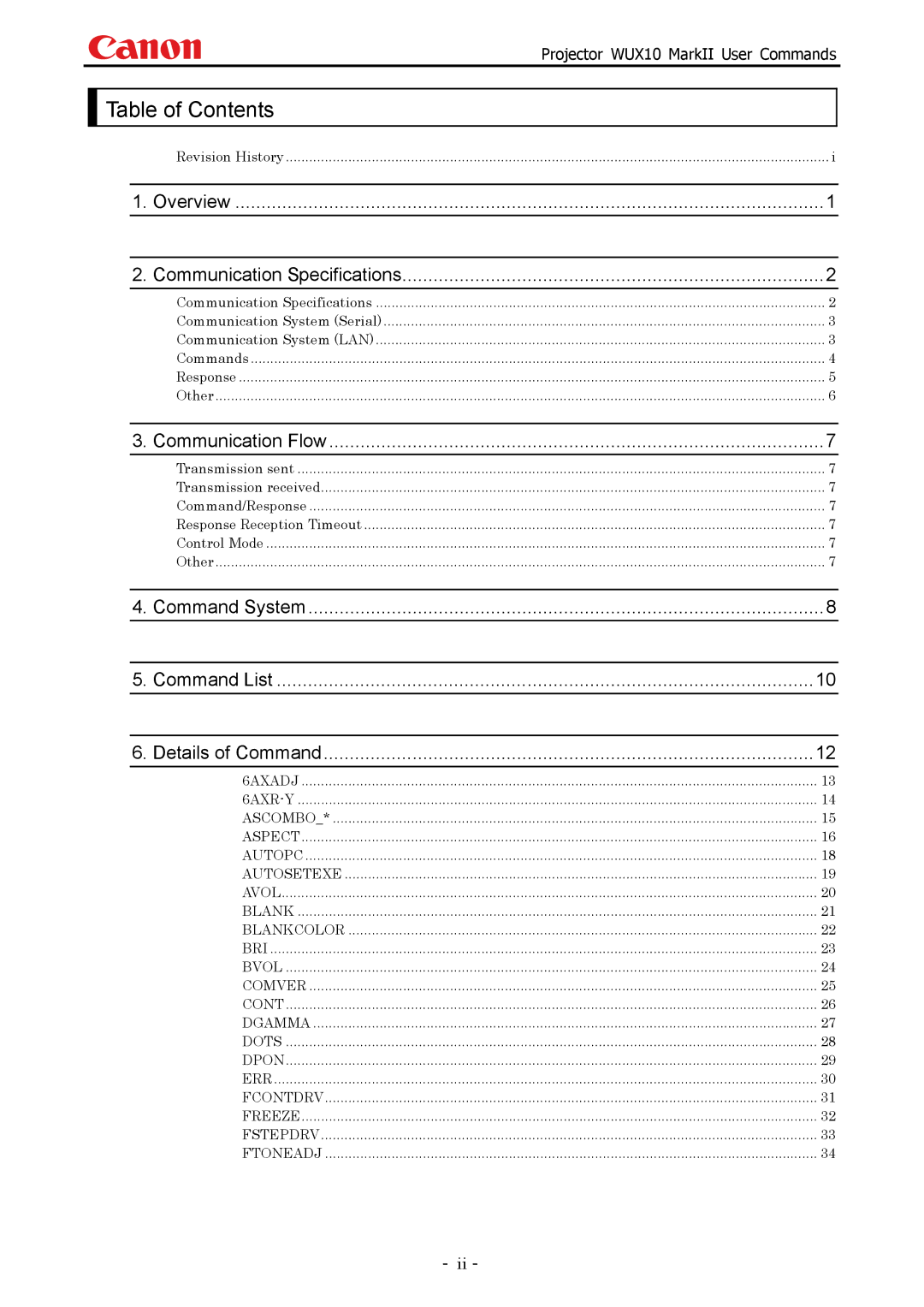 Canon WUX10 manual Table of Contents 