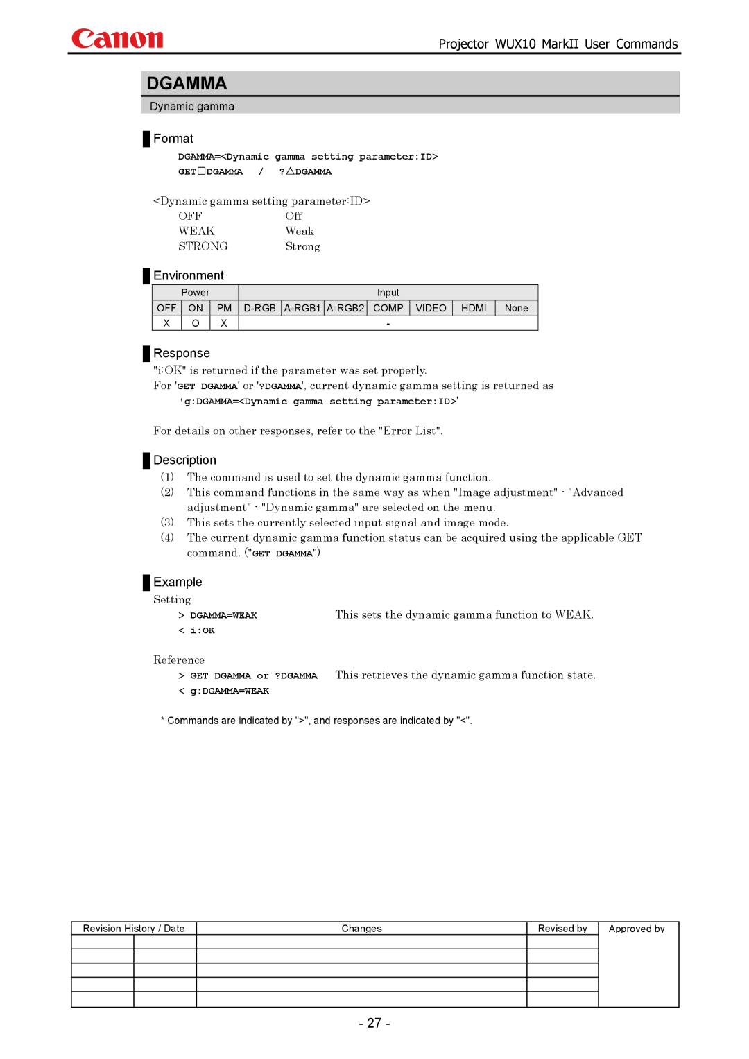 Canon WUX10 manual Dgamma, This sets the dynamic gamma function to Weak 