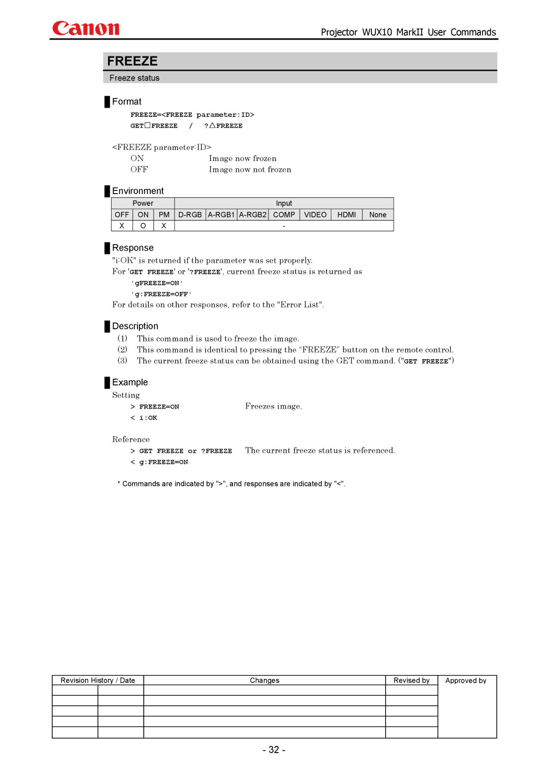 Canon WUX10 manual Freeze parameterID Image now frozen, Image now not frozen, Freezes image 