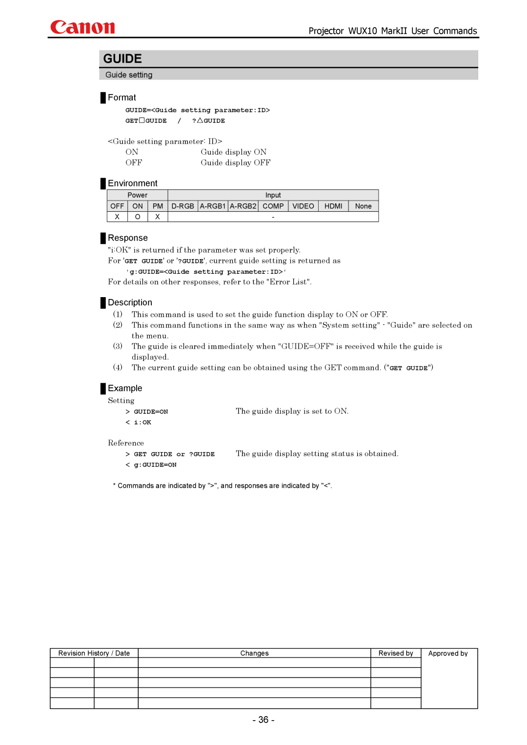 Canon WUX10 manual Guide setting parameter ID Guide display on, Guide display OFF, Guide display is set to on 