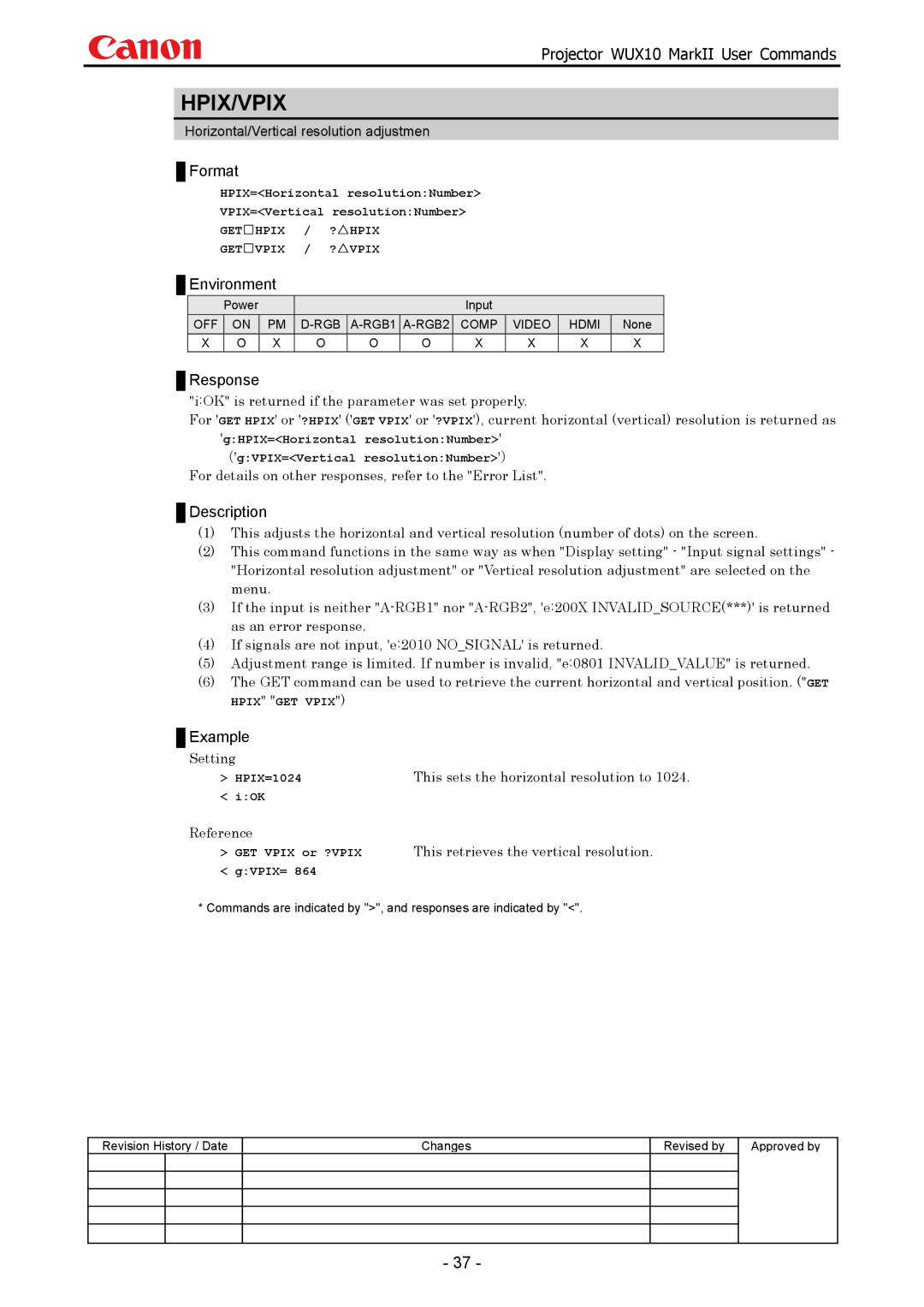 Canon WUX10 manual Hpix/Vpix, HPIX=1024, Gvpix= 