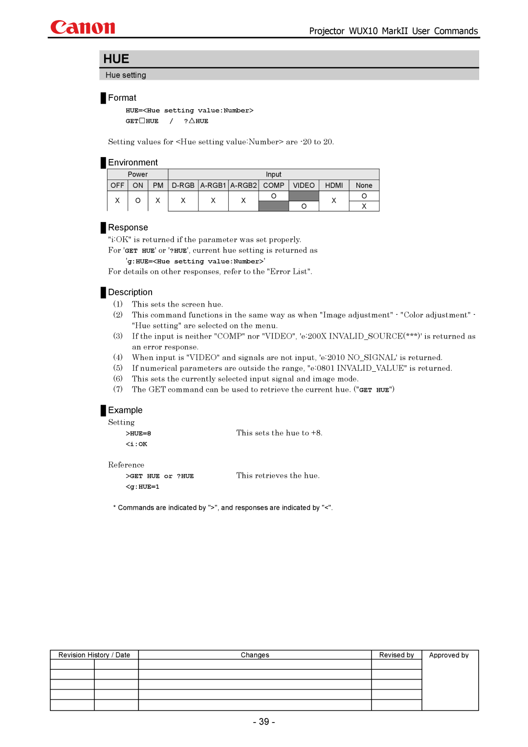 Canon WUX10 manual Setting values for Hue setting valueNumber are -20 to, Setting This sets the hue to +8 