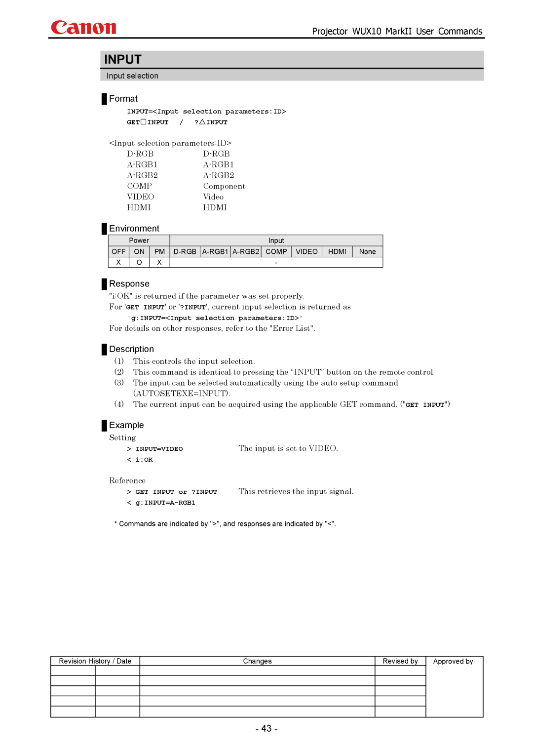 Canon WUX10 manual Input selection parametersID, Component, Input is set to Video 