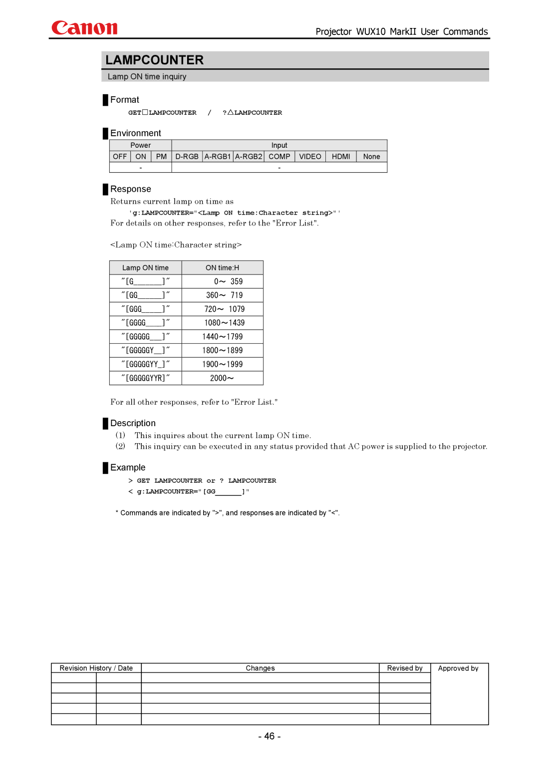 Canon WUX10 manual Lampcounter, Returns current lamp on time as, For all other responses, refer to Error List 