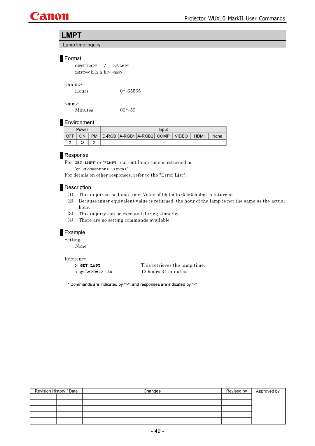 Canon WUX10 manual Lmpt, None Reference This retrieves the lamp time, Hours 34 minutes 