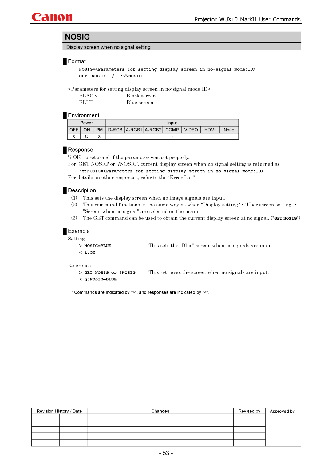 Canon WUX10 manual Nosig, Parameters for setting display screen in no-signal modeID, Gnosig=Blue 