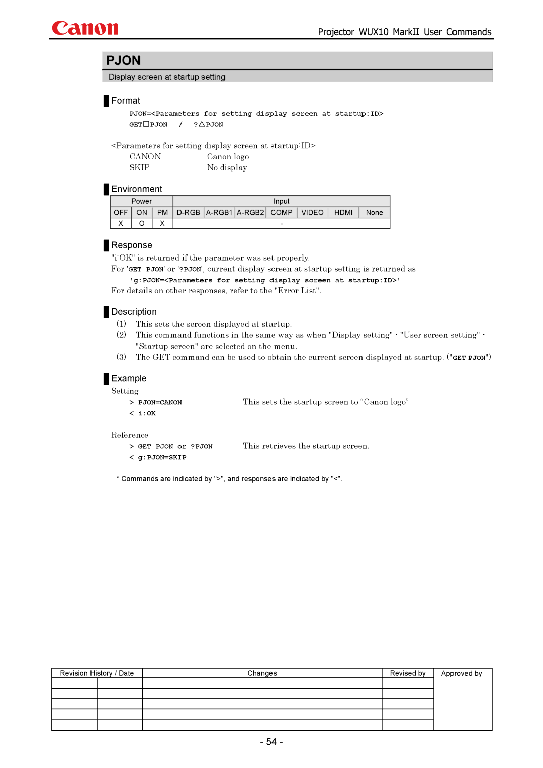 Canon WUX10 manual Pjon, Parameters for setting display screen at startupID, Canon logo, No display 