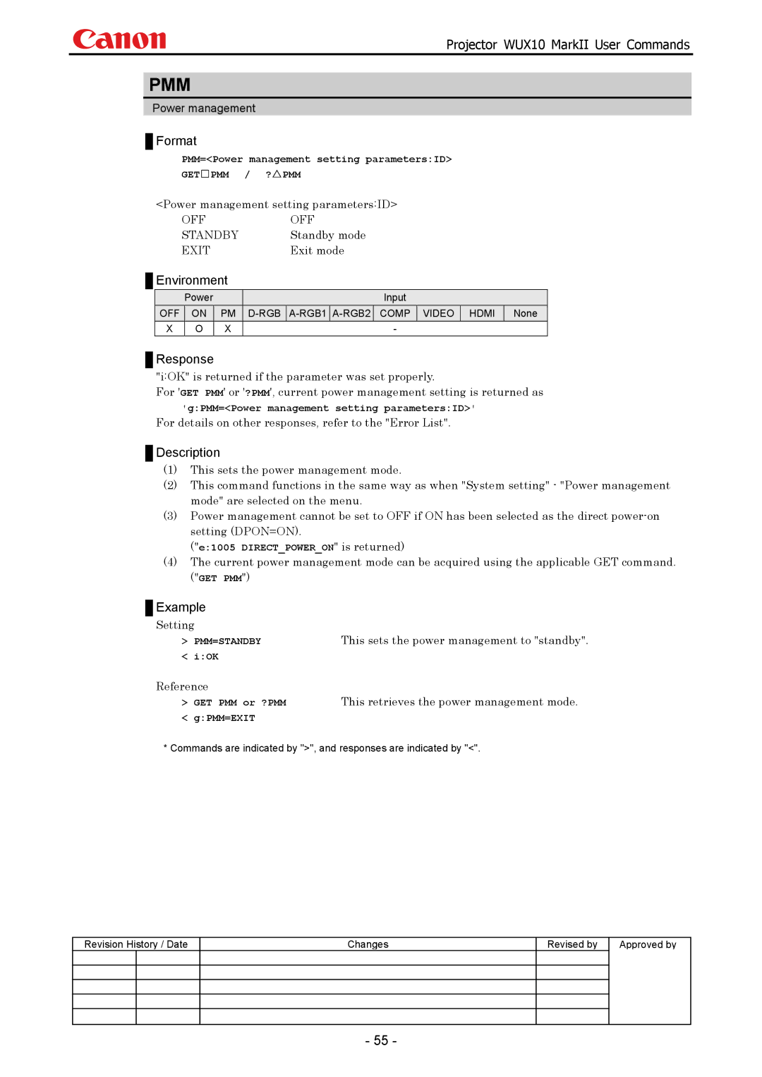 Canon WUX10 Pmm, Power management setting parametersID, Exit mode, Reference This retrieves the power management mode 