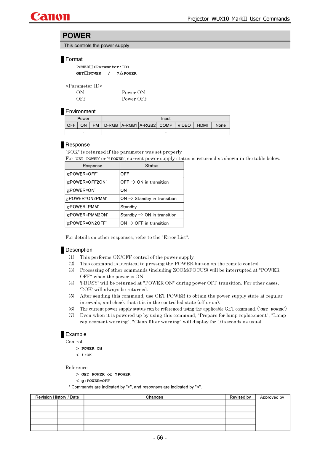 Canon WUX10 manual ParameterID Power on, Power OFF, POWERParameterID, Power on iOK 