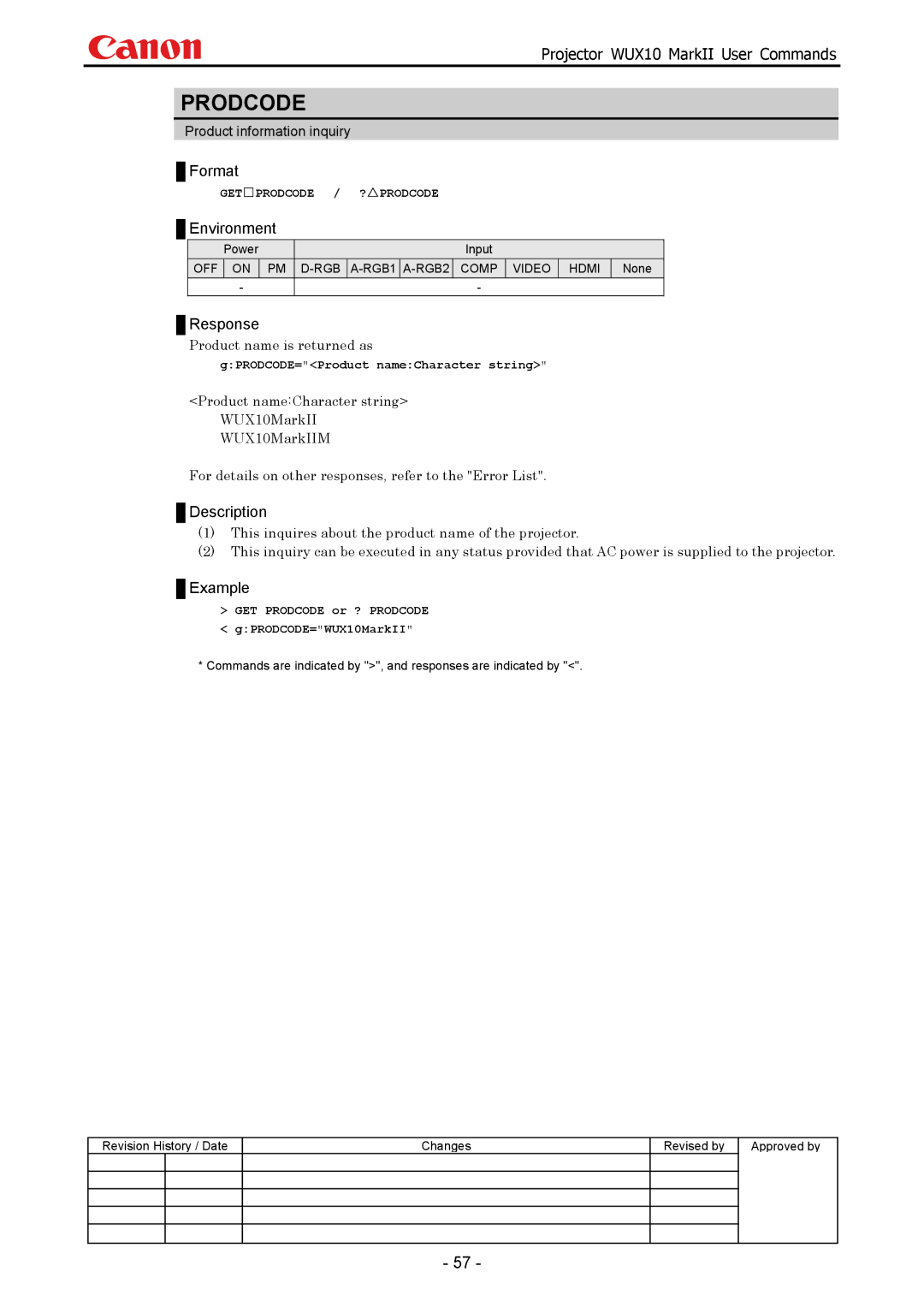 Canon WUX10 manual Prodcode, Product name is returned as, GPRODCODE=Product nameCharacter string 