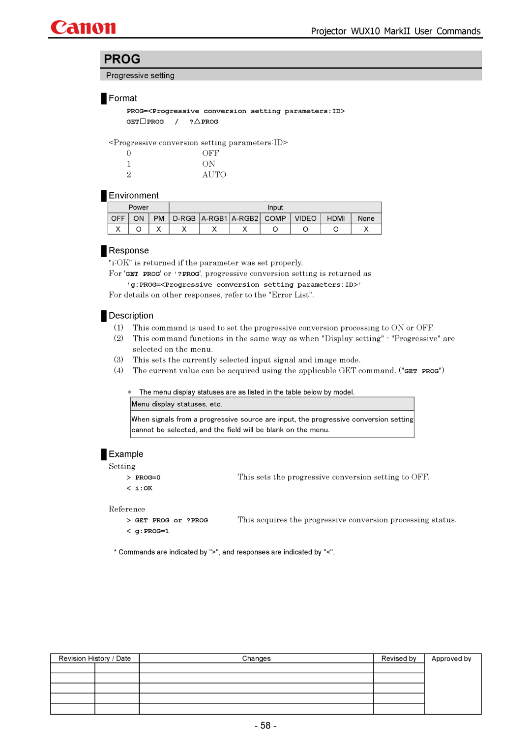 Canon WUX10 manual Progressive conversion setting parametersID, This sets the progressive conversion setting to OFF 