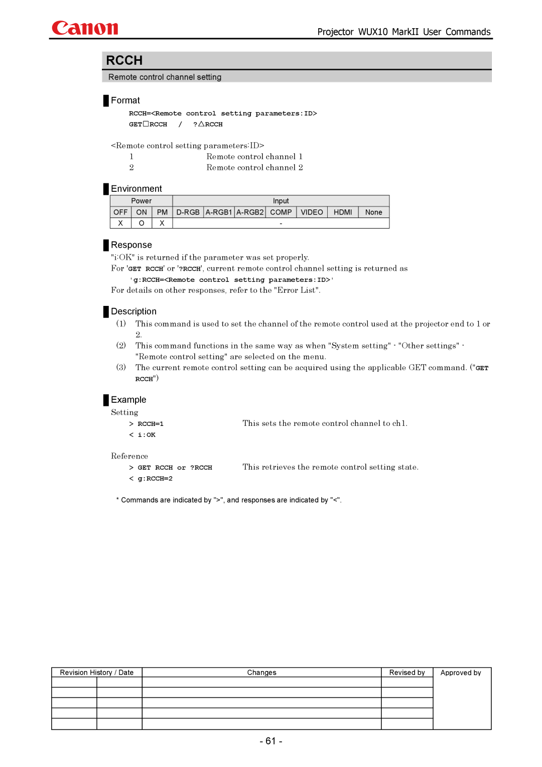 Canon WUX10 Rcch, Remote control setting parametersID Remote control channel, This sets the remote control channel to ch1 