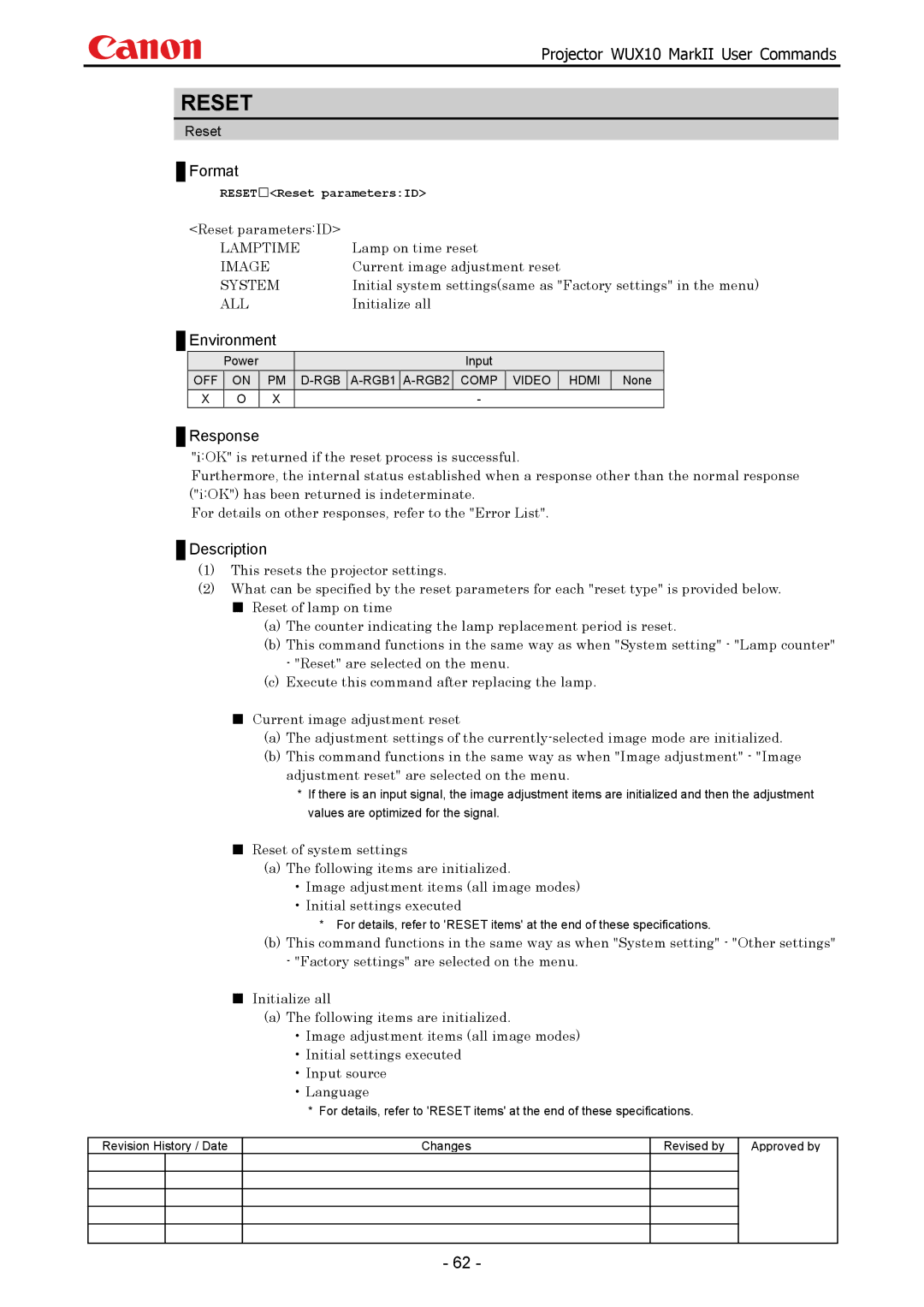 Canon WUX10 manual Reset parametersID, Lamp on time reset, Current image adjustment reset, Initialize all 