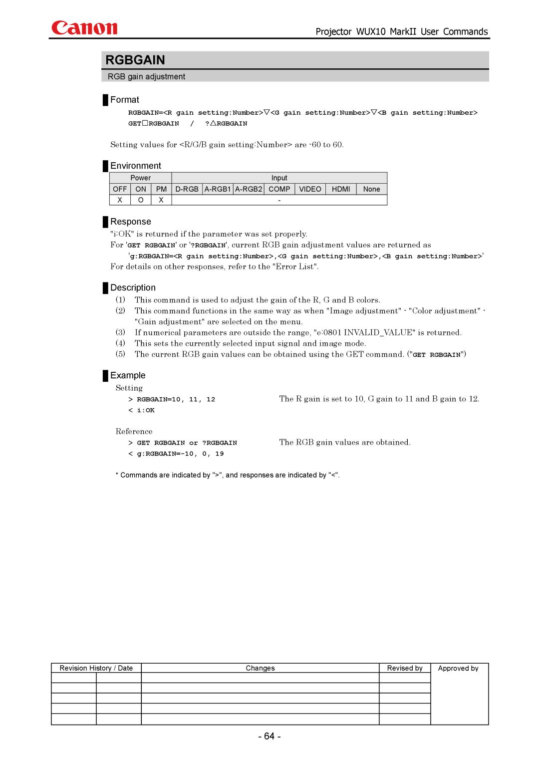 Canon WUX10 manual Rgbgain, Setting values for R/G/B gain settingNumber are -60 to, RGB gain values are obtained 