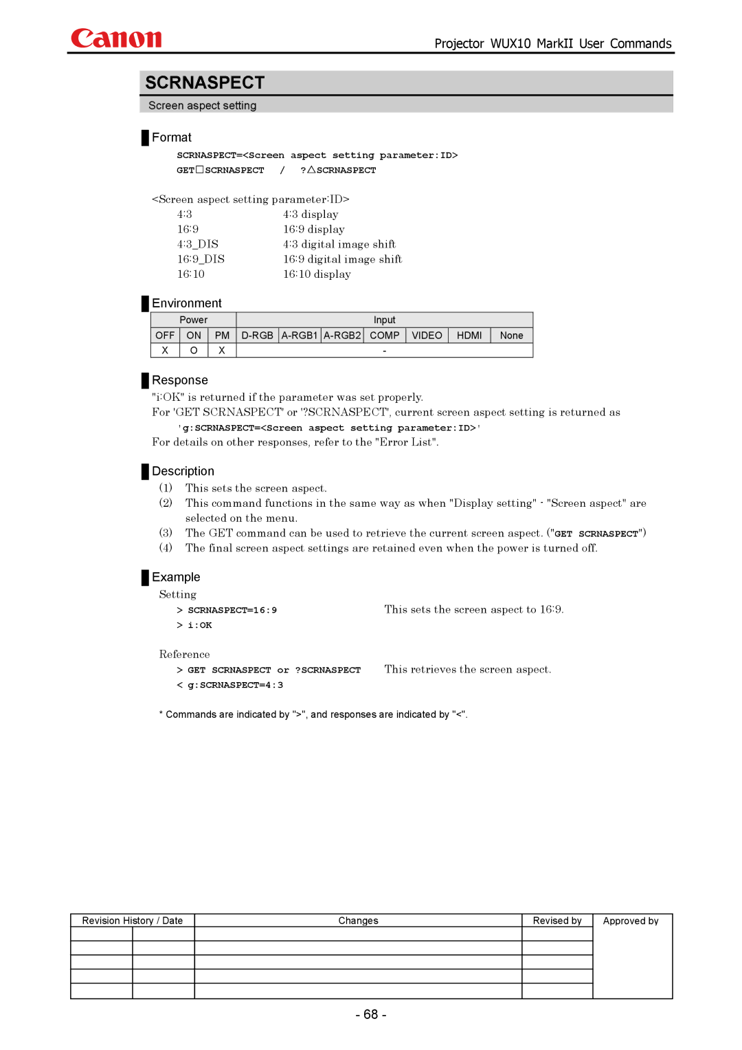 Canon WUX10 manual Scrnaspect, Display, Setting This sets the screen aspect to, Reference This retrieves the screen aspect 