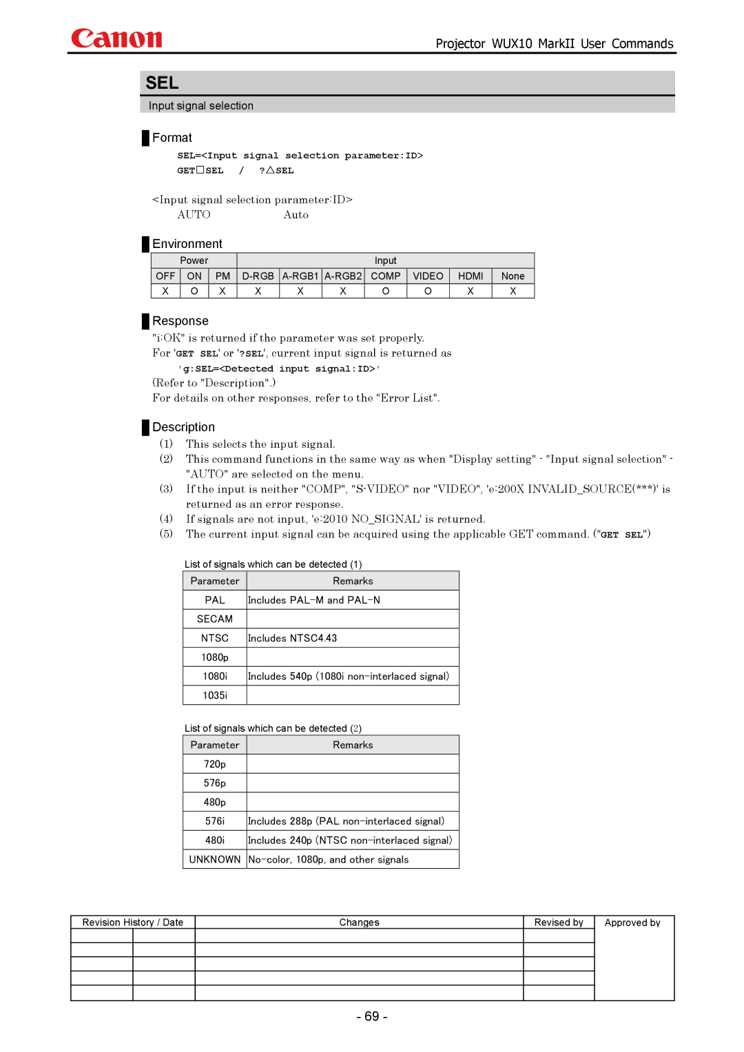 Canon WUX10 manual Sel, Input signal selection parameterID AUTOAuto, SEL=Input signal selection parameterID 