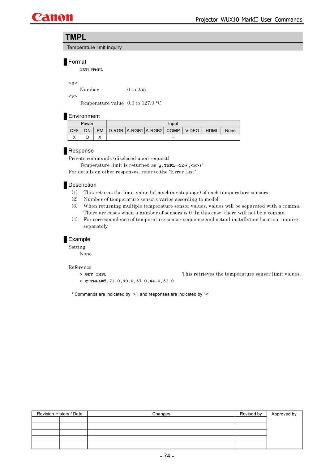 Canon WUX10 manual Tmpl, Setting None Reference, GTMPL=5,71.0,90.0,57.0,44.0,53.0 