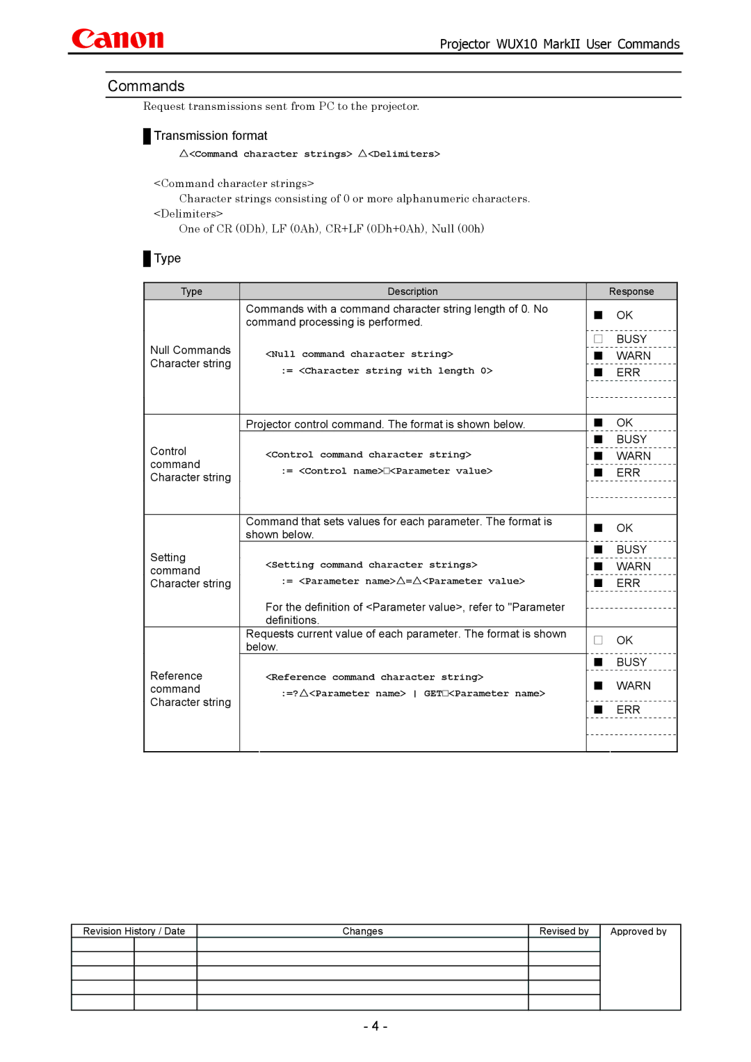 Canon WUX10 manual Request transmissions sent from PC to the projector 