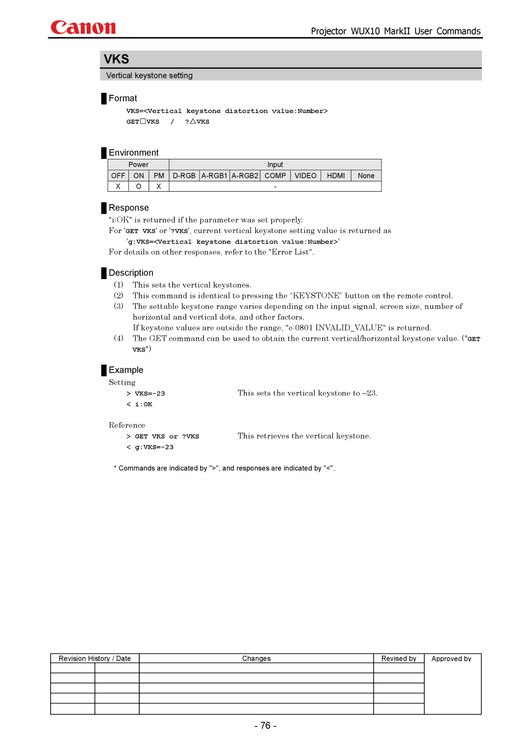 Canon WUX10 manual Vks, Setting This sets the vertical keystone to, Reference This retrieves the vertical keystone 