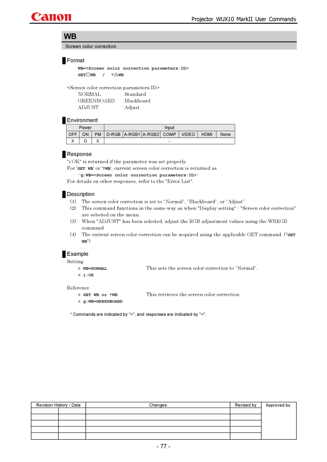 Canon WUX10 manual Screen color correction parametersID, Adjust, Setting This sets the screen color correction to Normal 